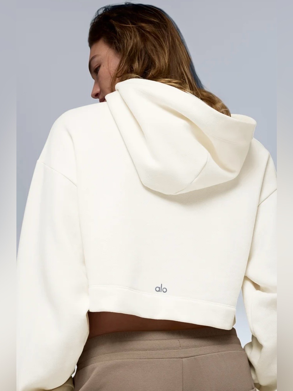 Alo NWT Bae Hoodie Ivory Cream Cropped Pullover Sweatshirt Size L
